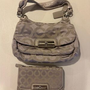 Coach Metallic Gray Shoulder Bag and Wallet Set
